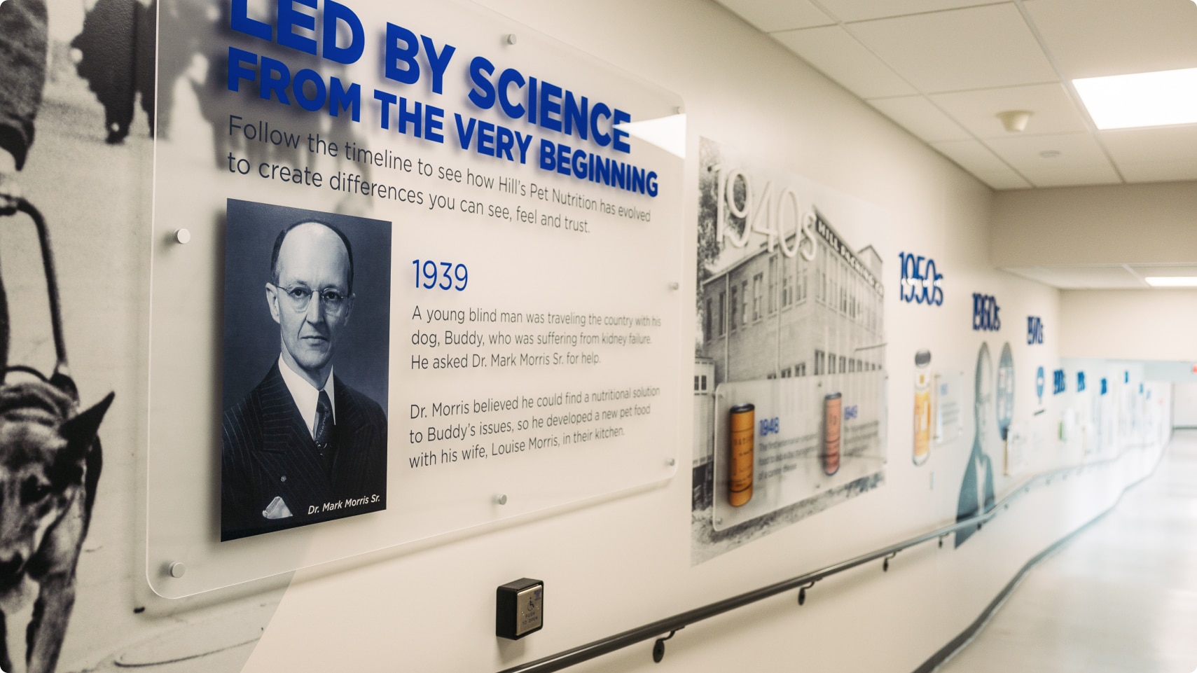 A timeline of Hill’s history on a wall inside the Hill’s Pet Nutrition Centre